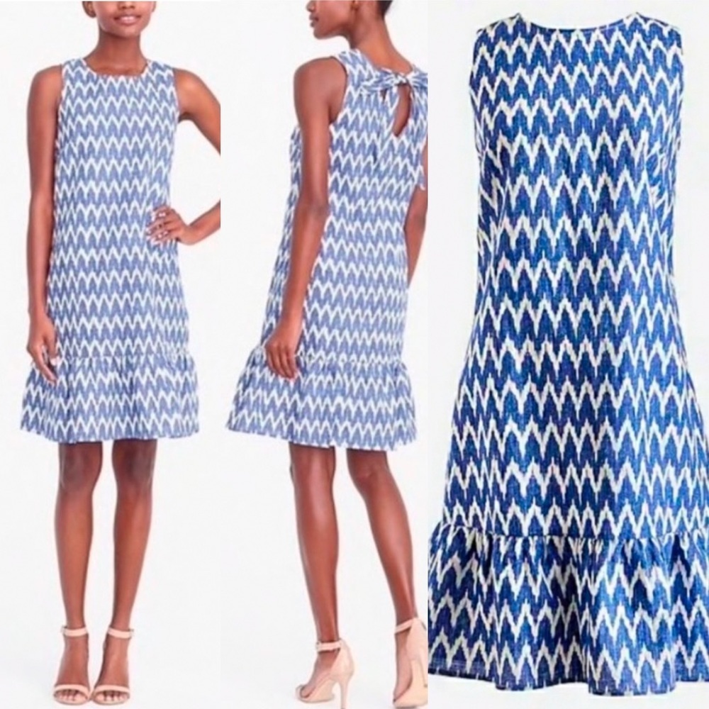 J Crew Factory Dress Back Bow Sleeveless Blue White Chevron XS